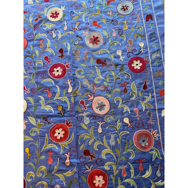 Blue Silk Suzani Wall Hanging With Floral Rosettes For Sale - Image 10 of 10
