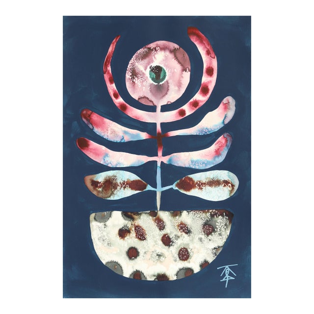 Flower in Bowl - Abstract Cool Tone Botanical Mixed Media Painting on Paper Original Artwork by Krisanne Souter For Sale