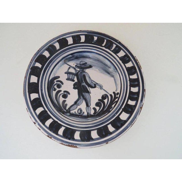 Ceramic Vintage Hand Painted Faience Plate Country Farmer Blue and White (A) For Sale - Image 7 of 8