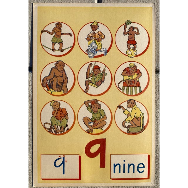 Nine monkeys 1960s screenprint counting poster, probably a classroom tool. The number in the lower middle is collaged on...