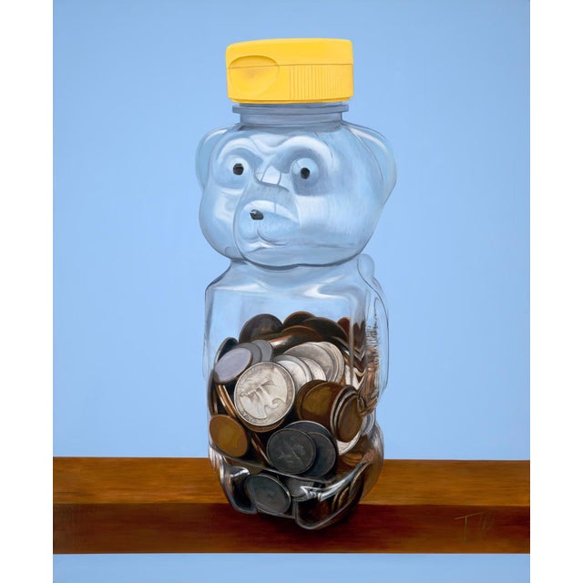 Half Spent by Josh Talbott | Acrylic on Canvas Bear-shaped jar filled with coins For Sale