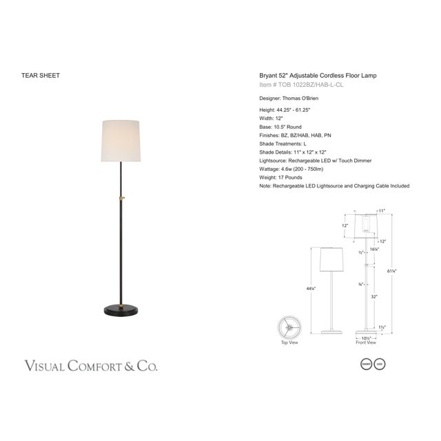 Thomas O'Brien by Visual Comfort Signature Bryant 52" Adjustable Cordless Floor Lamp in Bronze and Hand-Rubbed Antique...