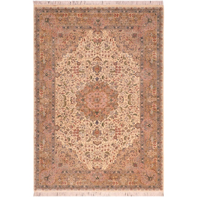 Shabby Chic Medallion 1990's Pak-Persian Beige/Green Wool Rug - 6'1'' X 9'4'' For Sale - Image 9 of 9