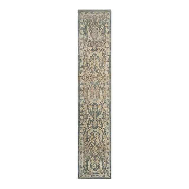 21st Century Turkish Sultanabad Master 3x14 Slate Blue, Ivory, & Tan Handmade Runner Rug #1144100 For Sale