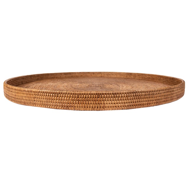 Coastal Artifacts Rattan Round Serving Ottoman Tray 32" Diameter, Honey Brown For Sale - Image 3 of 4