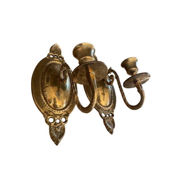 Hollywood Regency Vintage Pair of Cast Brass Oval Candle Wall Sconces With Reflector Backplates | Hollywood Regency Traditional For Sale - Image 3 of 11