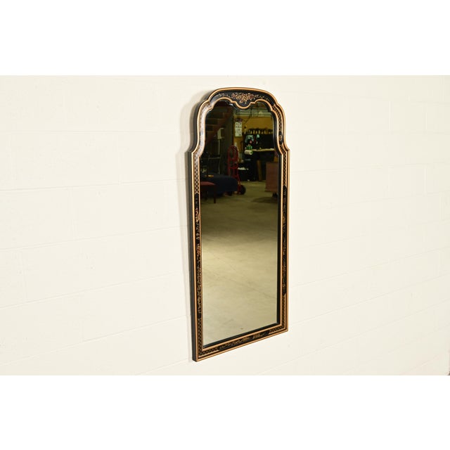 Drexel Heritage Drexel Heritage Hollywood Regency Chinoiserie Hand-Painted Black Lacquered Tall Wall Mirror For Sale - Image 4 of 12