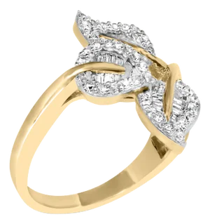 10k Yellow and White Gold 1/2 Cttw Baguette and Round Diamond Bypass Triple Leaf Ring (I-J Color, I1-I2 Clarity) - Size 9