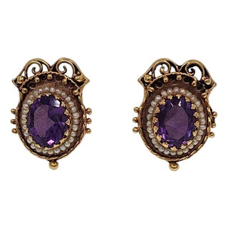 1900-1909 Victorian Amethyst & Seed Pearl Earrings, Pair For Sale