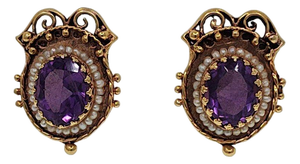 1900-1909 Victorian Amethyst & Seed Pearl Earrings, Pair