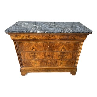 Louis Philippe French Walnut Commode / Chest of Drawers With Silver Wave Marble Top For Sale