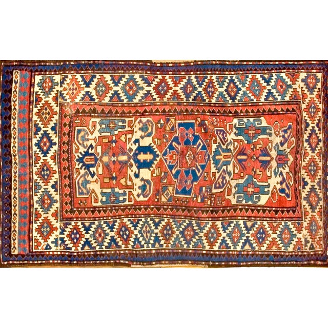 Brick Red 1880s Red Geometric Tribal Antique Caucasian Kazak Rug 4'7"x 6'6" Knotted Wool Carpet For Sale - Image 8 of 9