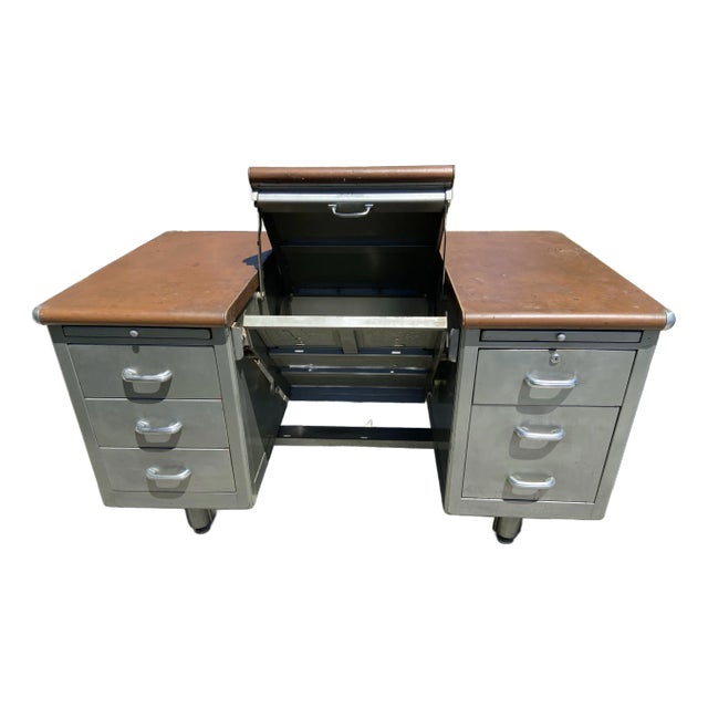 1940s Vintage Shaw Walker Typewriter Metal Tanker Desk For Sale