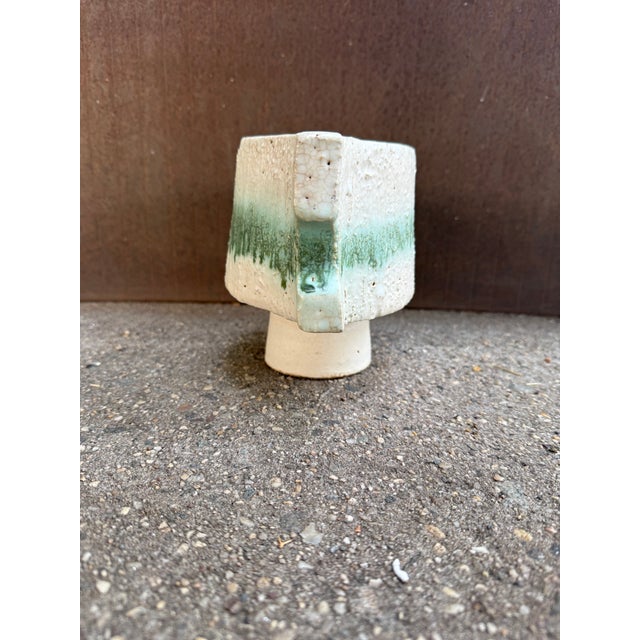 Thick white crackle glaze footed ceramic planter with green stripe. Unmarked.