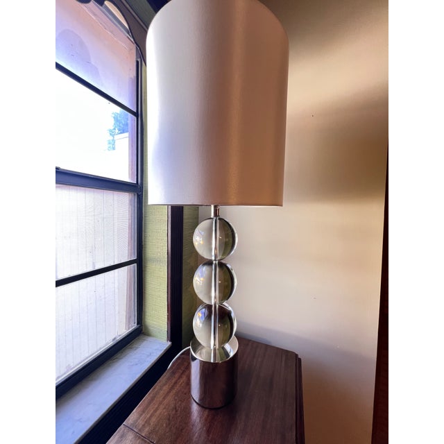 Contemporary Modern Clear Orb Table Lamp With Chrome Base & Drum Shade For Sale - Image 3 of 4