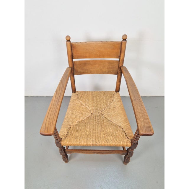 Vintage Dutch Bobbin Armchair in Oak and Rush, 1930s For Sale - Image 3 of 10