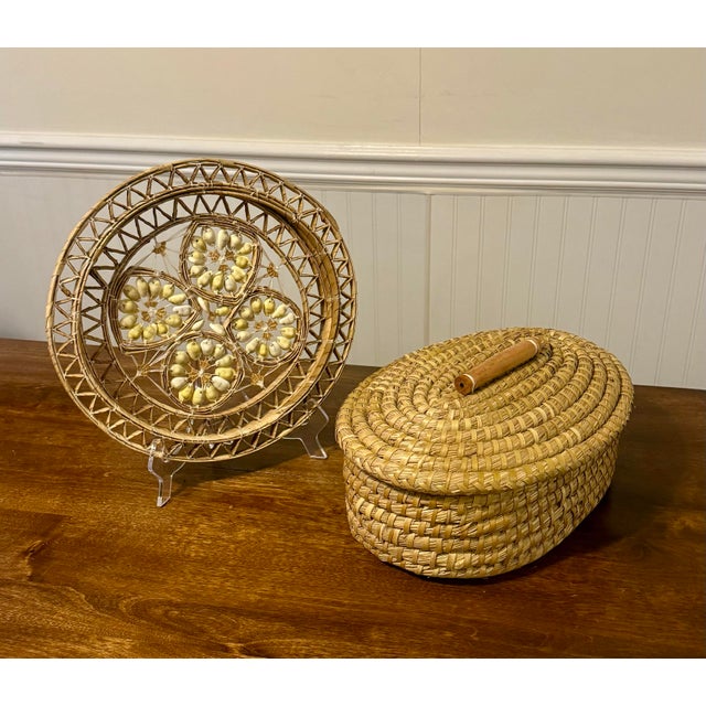 Late 20th Century Hand Woven Cowrie Shell Wall Hanging and Lidded Basket With Handle For Sale - Image 11 of 12