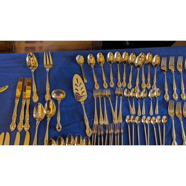 Late 20th Century Mid Century Modern Curated Gold-Tone Flatware Service - Featuring Gense Nobel & Mixed Ornate Patterns - 86-Piece For Sale - Image 4 of 7