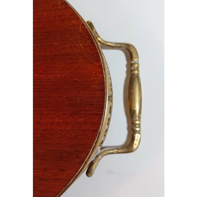 Brown Mid 20th Century Italian Marquetry Wood Inlay Oval Serving Tray With Brass Gallery Rail & Handles For Sale - Image 8 of 8