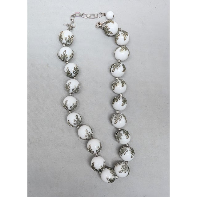 White Vintage 1950s Signed Crown Trifari Silvertone White Beaded Filigree Necklace For Sale - Image 8 of 10