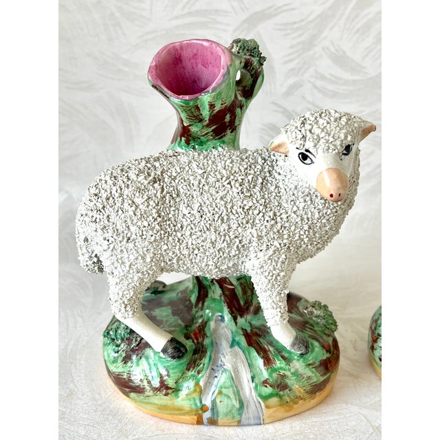 Late 19th Century Antique Victorian Staffordshire Confetti Sheep Spill Vases For Sale - Image 5 of 11