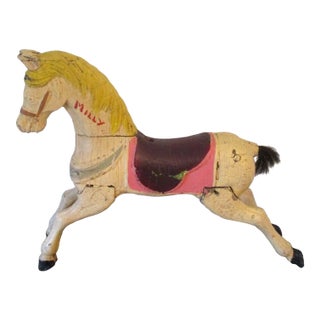 1920s Carved White Painted Wood Carousel Horse With Horsehair Tail and Yellow Mane For Sale