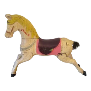 1920s Carved White Painted Wood Carousel Horse With Horsehair Tail and Yellow Mane