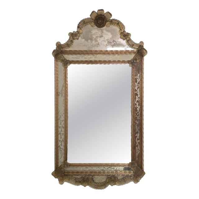 Venetian Murano Glass Wall Mirror with Floral Engraving and Amber Details, 1950 For Sale - Image 11 of 11