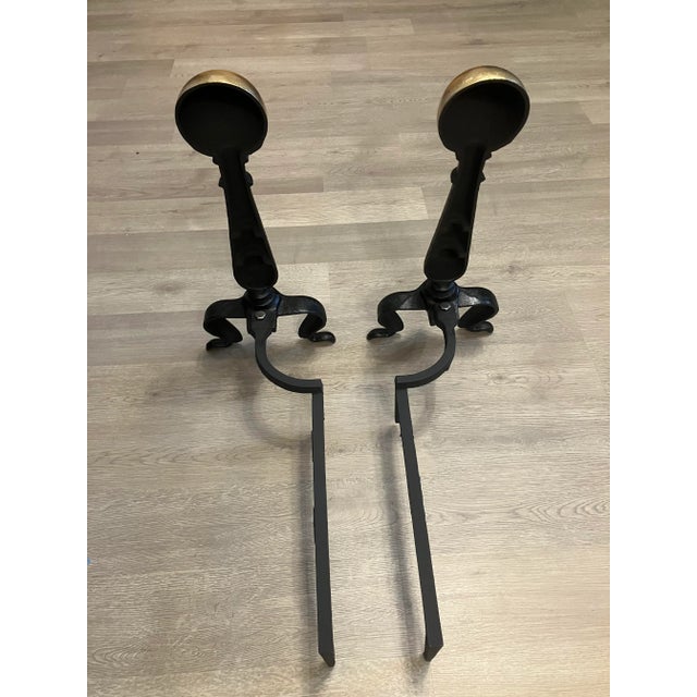 Pair of Vintage Cast Iron Andirons With Brass Colored Balls For Sale - Image 6 of 8