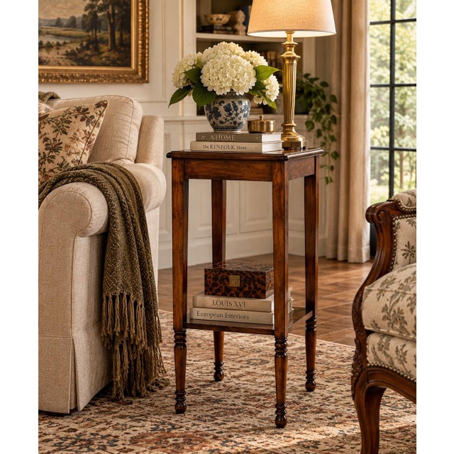 Elegant vintage walnut two-tier side table featuring a warm, rich wood finish, a square top with molded edges, and a...