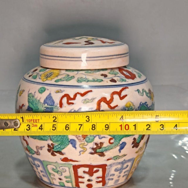 Wucai Dragon Motif Porcelain Ginger Jar, Chinoiserie Lidded Canister For Sale - Image 4 of 9