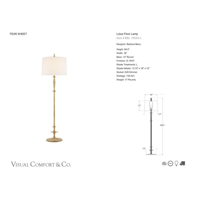 Barbara Barry by Visual Comfort Signature Lotus Floor Lamp in Gild with Linen Shade Designer: Barbara Barry Height: 68.5"...
