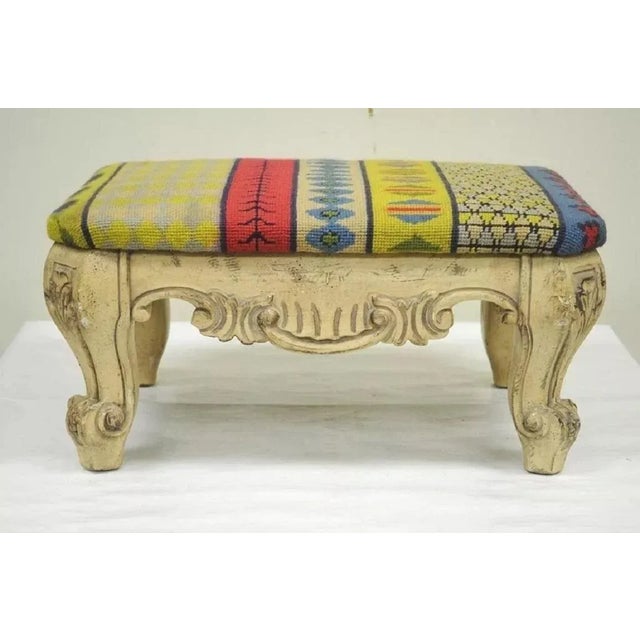Mid 20th Century Mid 20th Century Vintage French Baroque Style Wooden Distress White Painted Footstool Ottoman For Sale - Image 5 of 9
