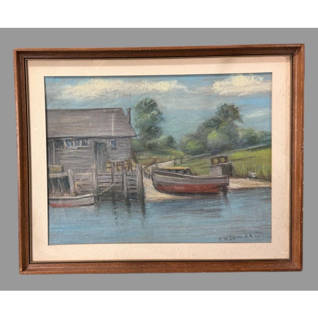 Vintage Cottage Dockside Landscape Framed Pastel Watercolor Painting W Boat For Sale - Image 6 of 6