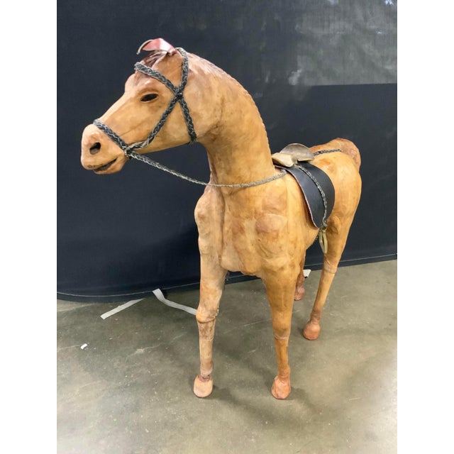 Transitional Vintage 1950s Tall Brown Leather Standing Horse Sculpture For Sale - Image 3 of 11