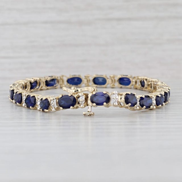 2010s 10.94ctw Lab Created Sapphire Diamond Tennis Bracelet 10k Yellow Gold 7" 4.6mm For Sale - Image 5 of 8