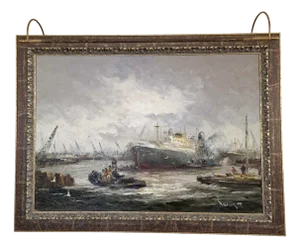 Jan Bevort, View to Port Rotterdam, 20th Century, Oil on Canvas, Framed
