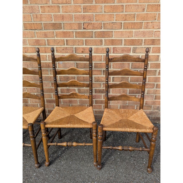 Vintage Set of Four Colonial-Style Ladderback Dining Chairs With Rush Seats | Farmhouse, Shaker, French Country Style For Sale - Image 4 of 6