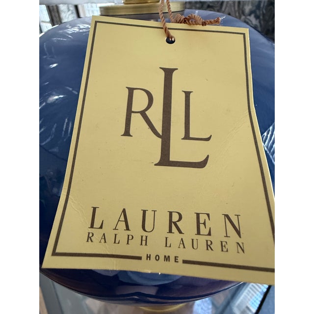 Early 21st Century Lauren Ralph Lauren High Gloss Cobalt Blue Ceramic & Brass Table Lamp With Original Shade For Sale - Image 5 of 7