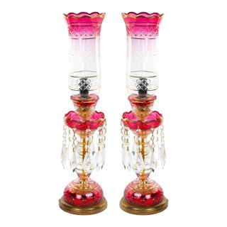 Pair 19th Century Cut Glass Lustres Candlesticks Table Lamps For Sale