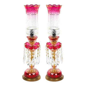 Pair 19th Century Cut Glass Lustres Candlesticks Table Lamps