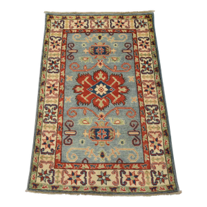 Kazak Rug 2’8” X 4’2” Blue Wool Tribal Hand-Knotted Oriental Carpet