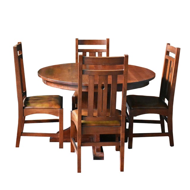 Solid Oak Round Dining Table With 2 Leaves - Michael's Cherry For Sale In Chicago - Image 6 of 9