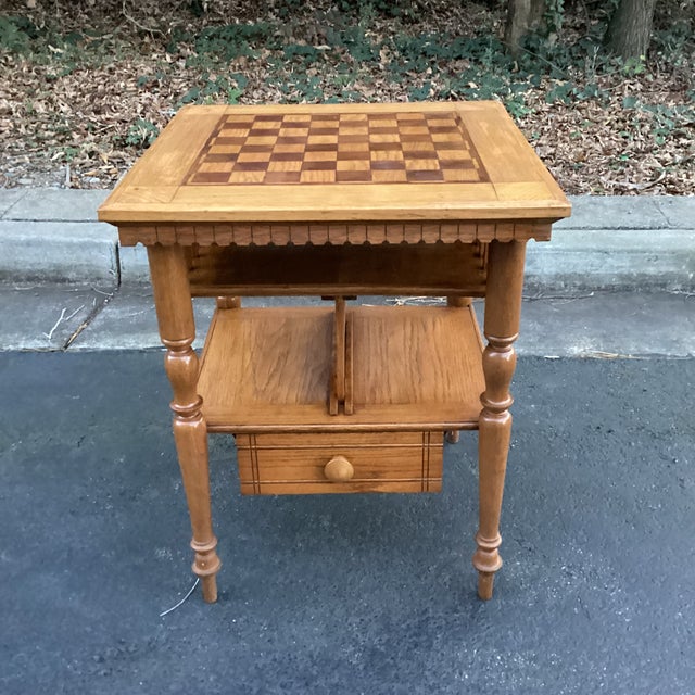 Wood Vintage Oak Chess Top Side Table With Magazine Rack and Drawer For Sale - Image 7 of 7