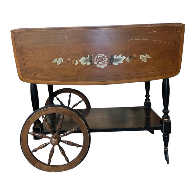 Vintage 1960s Drop-Leaf Serving Cart With Spoked Wheels – Colonial Revival, 1960s For Sale