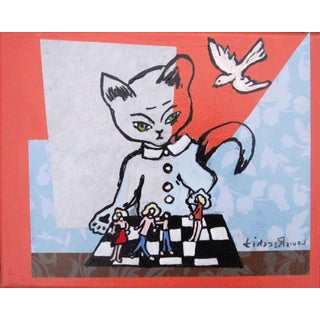 Don't Play with Me by Louis Recchia | Acrylic and Collage on Canvas Cat overseeing a chess game. For Sale