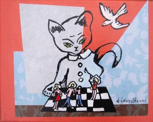 Don't Play with Me by Louis Recchia | Acrylic and Collage on Canvas Cat overseeing a chess game.