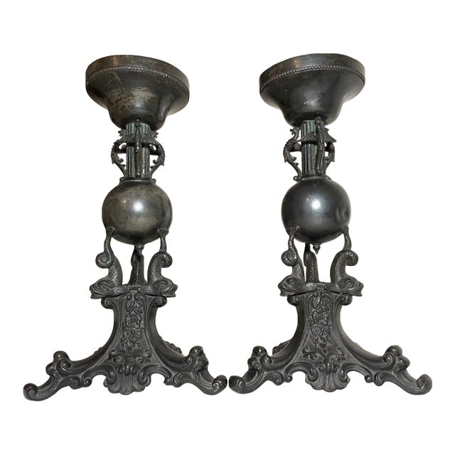Antique 19th Century Silverplate Ornate Figural Dolphin Candlestick Holders For Sale