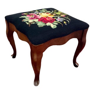 1970s Handmade Floral Needlepoint Footstool For Sale