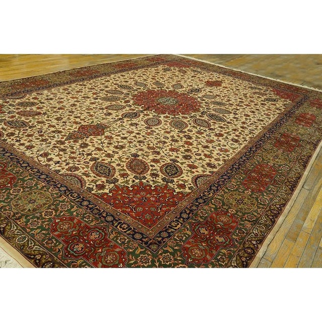 1940s Beige Swastika Medallion Antique Tabriz Handknotted Wool Gallery Rug For Sale - Image 4 of 7